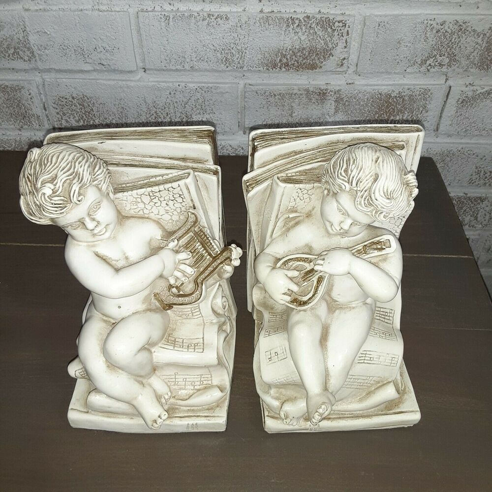 Vintage 1965 Artist Signed Cherub Bookends Universal Statuary Corp, Chicago